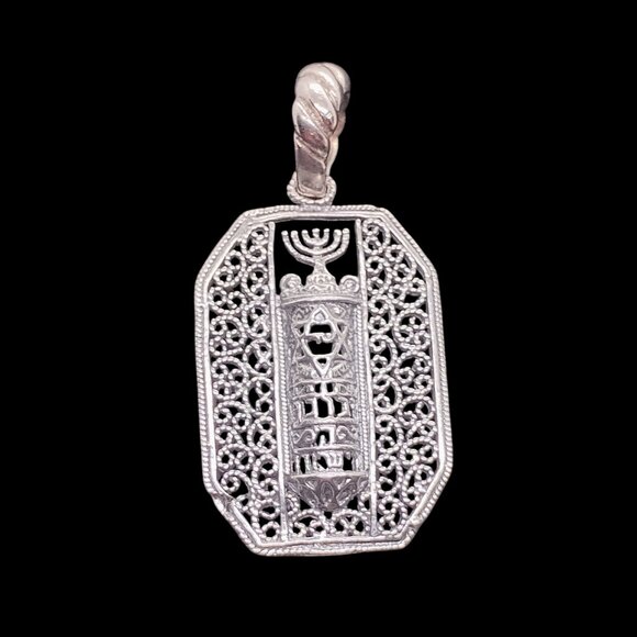 Sterling Silver Filigree Mezuzah Menorah Pendant Handmade Judaica Unisex - Picture 1 of 8